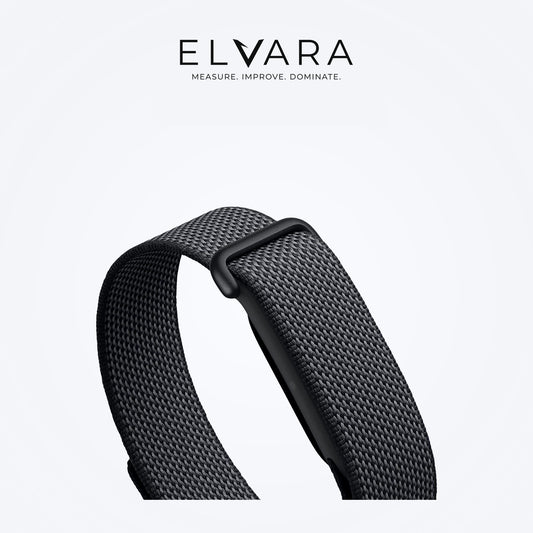 Google Fitbit Air | Obsidian — woven strap and clasp, angled view — ELVARA