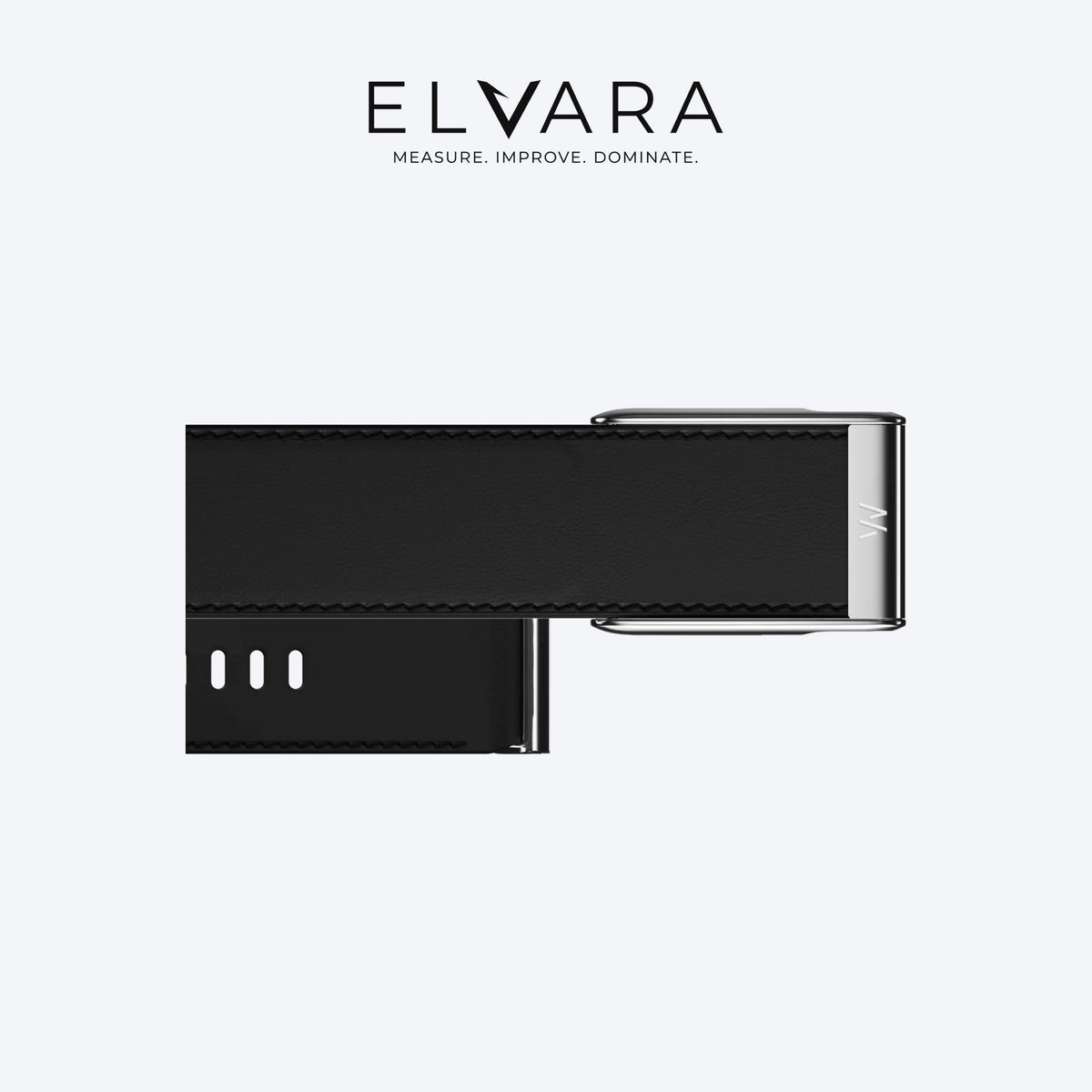 WHOOP MG LeatherLuxe Straight Band | Black/Cream With Titanium — flat view, band only, sensor not included — ELVARA