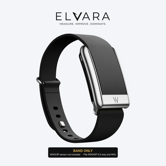 WHOOP 5.0 LeatherLuxe Tapered Band | Black With Titanium — band only, sensor not included — ELVARA