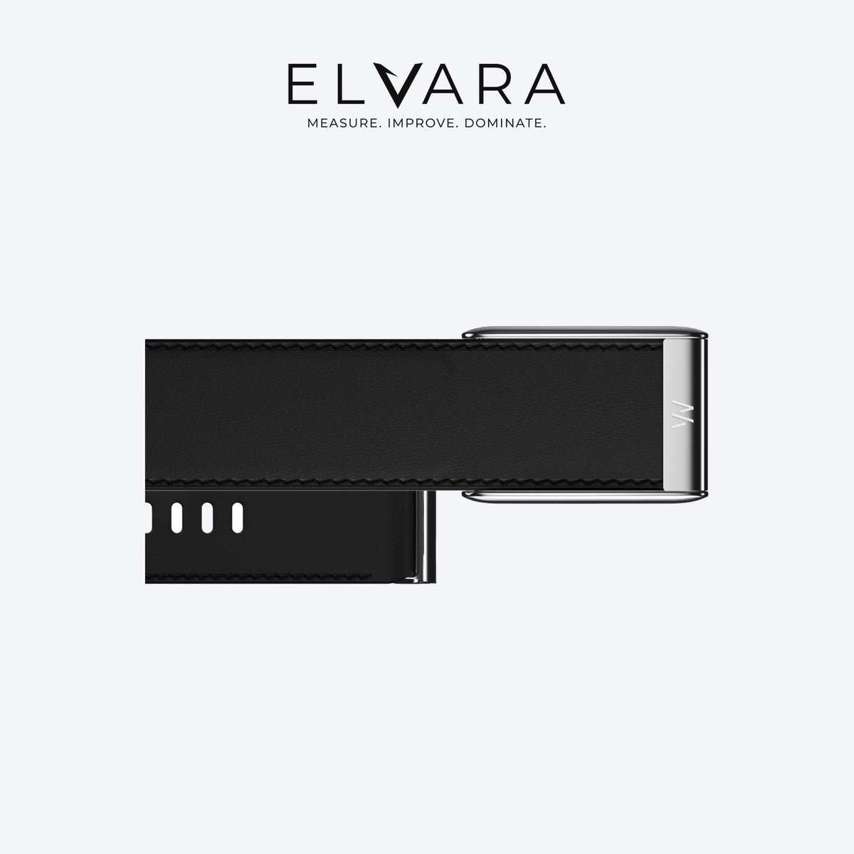 WHOOP 5.0 LeatherLuxe Straight Band | Black/Cream With Titanium — flat view, band only, sensor not included — ELVARA
