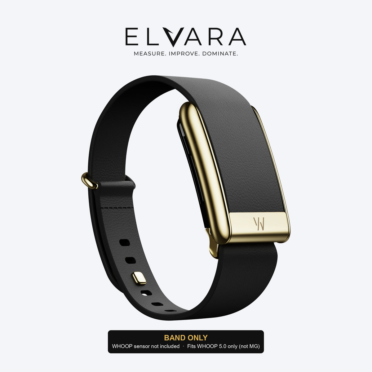 WHOOP 5.0 LeatherLuxe Tapered Band | Black With Gold — band only, sensor not included — ELVARA