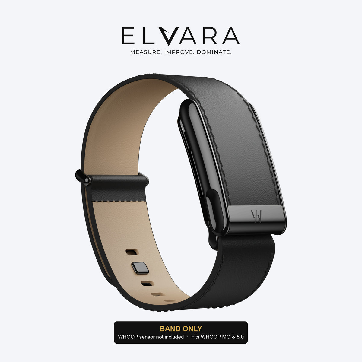 WHOOP MG LeatherLuxe Straight Band | Black/Cream With Black — band only, sensor not included — ELVARA