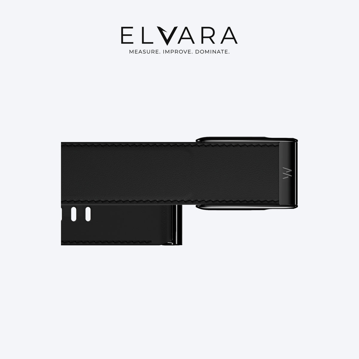 WHOOP MG LeatherLuxe Straight Band | Black/Cream With Black — flat view, band only, sensor not included — ELVARA