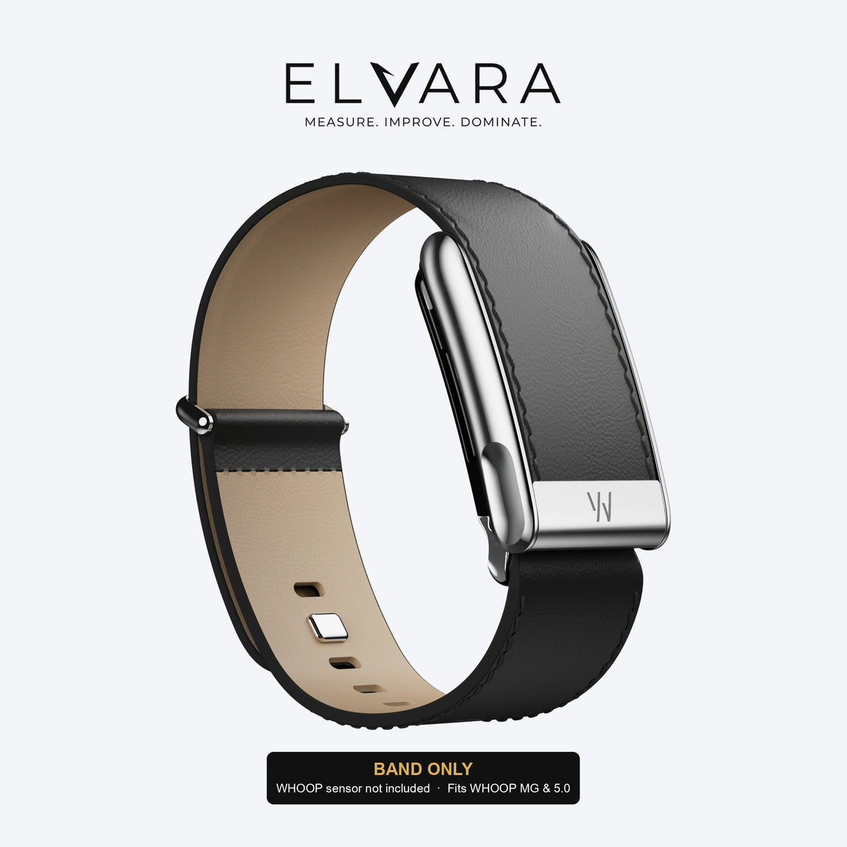 WHOOP MG LeatherLuxe Straight Band | Black/Cream With Titanium — band only, sensor not included — ELVARA