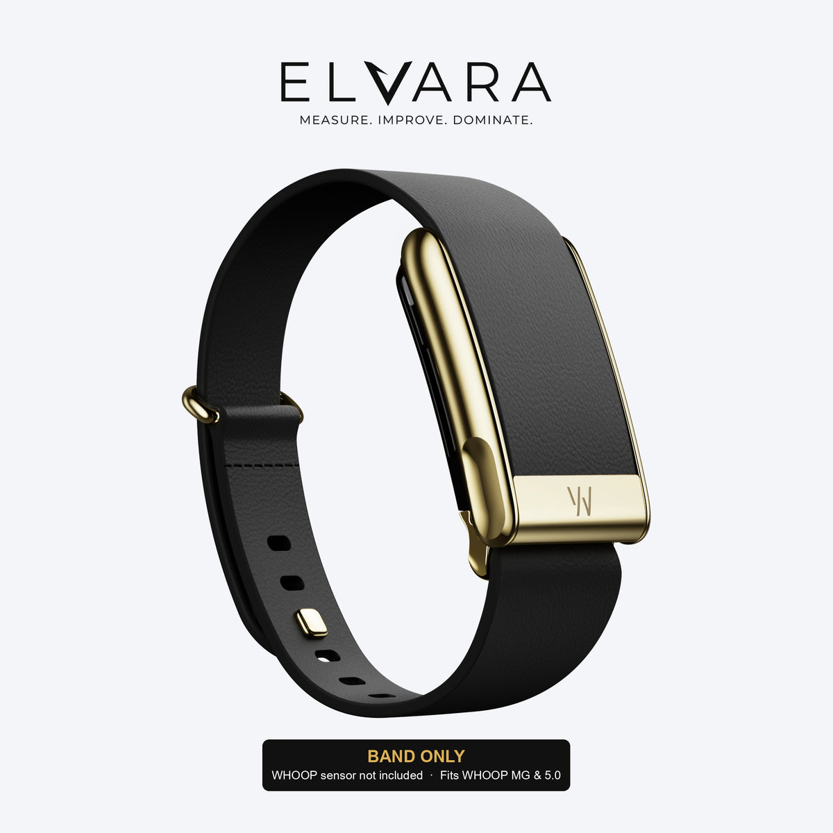 WHOOP MG LeatherLuxe Tapered Band | Black With Gold — band only, sensor not included — ELVARA