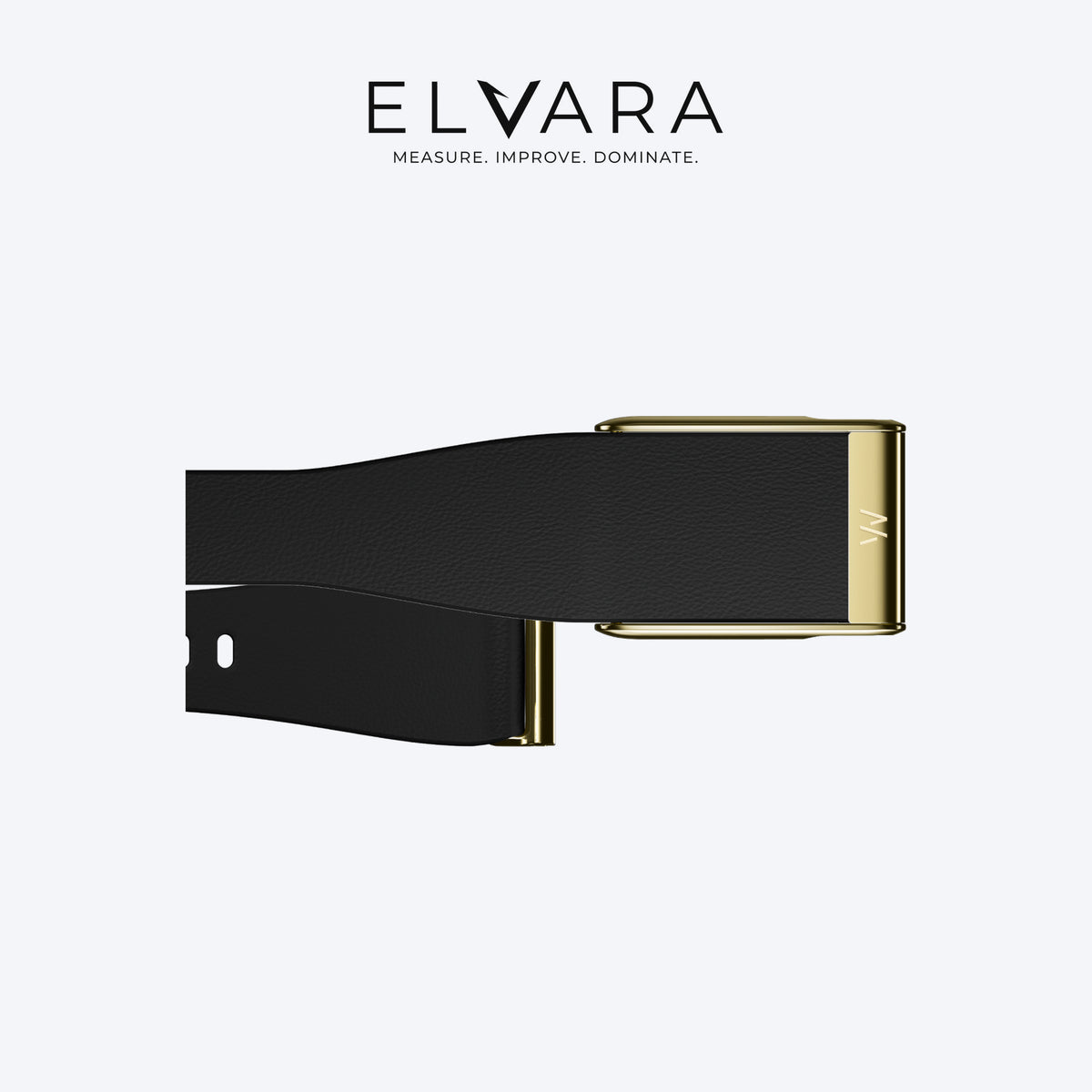 WHOOP MG LeatherLuxe Tapered Band | Black With Gold — flat view, band only, sensor not included — ELVARA